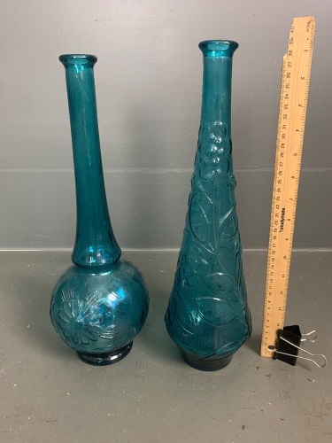 2 blue Italian Genie bottles - no stoppers - tallest app. 400mm