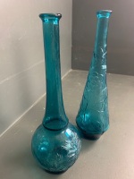 2 blue Italian Genie bottles - no stoppers - tallest app. 400mm - 2