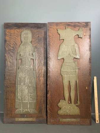 Set 2  brass look replica mediaeval knight and lady on English oak board