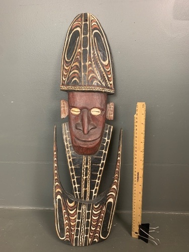 PNG carved and painted food hook, cowrie shell eyes 