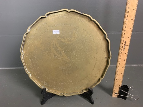 Antique brass tray, Chinese scenes with display stand