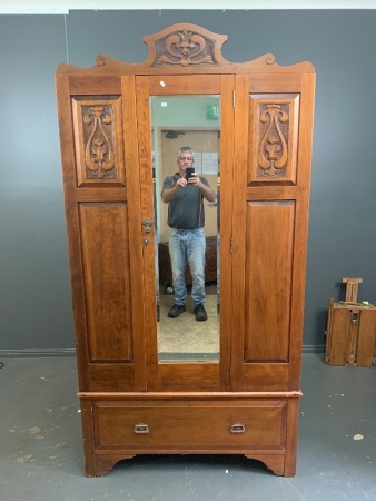 Large Vintage Wardrobe with Bevelled Edge Mirror and Carved Panels