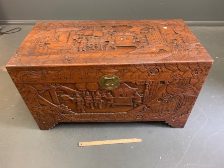 Large Carved Camphor Box with Brass Fittings