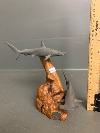 John Perry Duo Hammerhead Shark Airbrushed Sculpture on Burl wood 