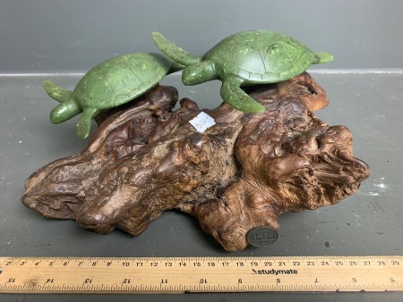 John Perry Jade Look Duo Sea Turtles Sculptures on Burl wood