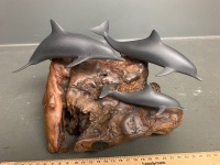 John Perry Dolphins and Pup Airbrushed Sculpture on Burl wood