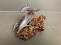 John Perry Dolphins and Pup Airbrushed Sculpture on Burl wood - 2