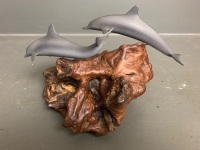 John Perry Dolphins and Pup Airbrushed Sculpture on Burl wood - 3