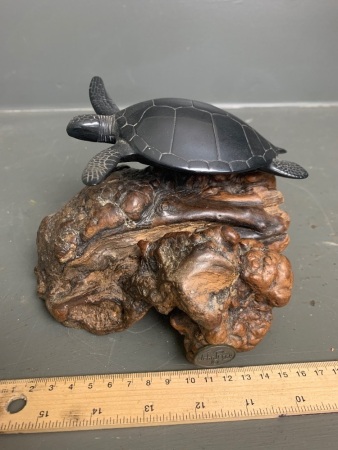 John Perry Turtle Ebonite Sculpture on Burl wood