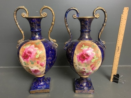 Antique Twin Handled Urn Shaped Mantle Vases - marked to base