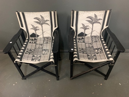 Pair of Wooden Frame Folding Outdoor Chairs with Printed Canvas Seat by Sandy De Beyer