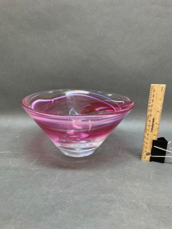 Signed Kosta Boda Swedish Glass Bowl with Pink & White Swirls