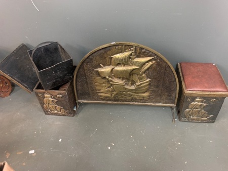 Pressed Copper Fire Guard Sailing Ship Eocene with Matching Cushioned Scuttle Boxes