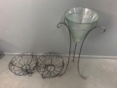 2 Iron Hanging Baskets + Tapered Glass Vase on Turned Metal Stand 