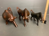 3 Wooden Hand Carved Bulls