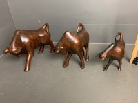 3 Wooden Hand Carved Bulls - 2