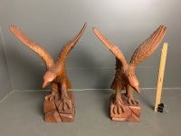 Pair Eagles Hand Carved Wooden - 2