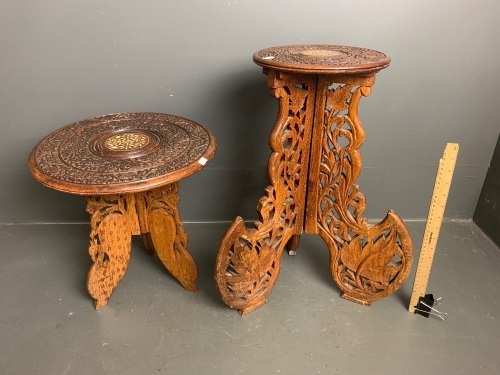 2 Indian Carved Teak Side Tables - legs have been glued to top