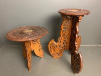 2 Indian Carved Teak Side Tables - legs have been glued to top - 2