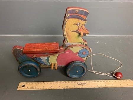 Antique Pull Along Wooden Duck Toy with Tin Wheels