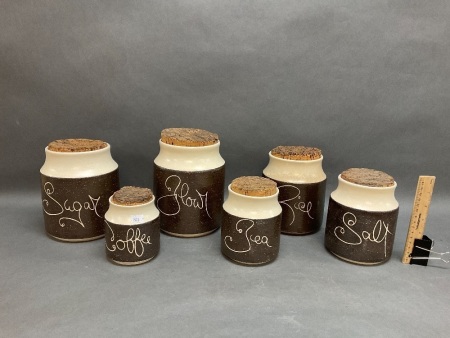 Set of 6 Vintage Australian Hanstan Pottery Kitchen Cannisters with Original Cork Lids