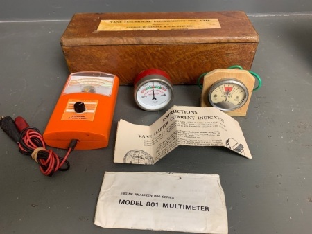 3 Vintage Engine Test Instruments in Vane Instruments Wooden Box