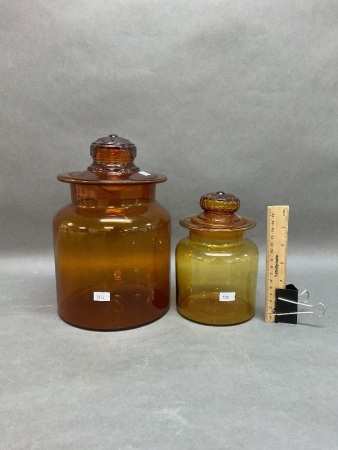 2 Vintage Amber Glass Apothecary Style Jars with Ground Glass Stoppers