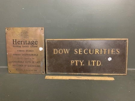 2 Brass Signs - Heritage and Dow Securities C1970s