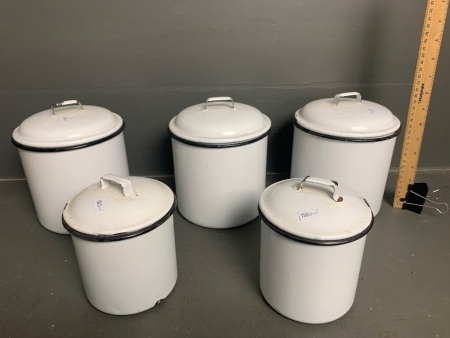 5 Vintage Black and White Enamelled Kitchen Canisters