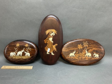 3 Vintage Hardwood Marquetry Plaques Inlaid with Bone