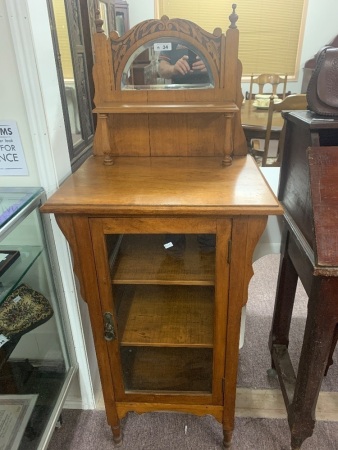 Small Vintage Pine Display Cabinet with Bevelled Glass and Carved Panel