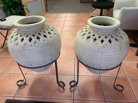 2 Urn Shaped Terracotta Vases on Steel Stands