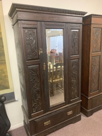 Carved Wooden Wardrobe with Mirror