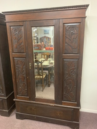 Vintage Wardrobe with Carved Panels and Bevelled Edged Mirror