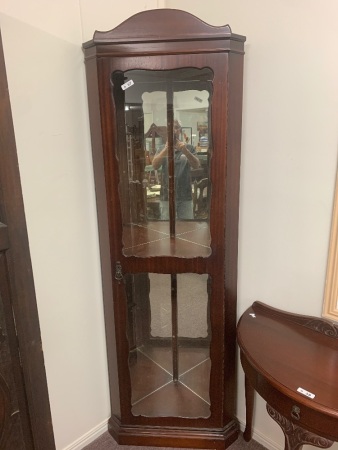 Tall Vintage Corner Mirror Backed Display Cabinet with Wooden Middle Shelf