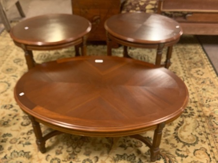 Vintage wooden oval coffee table with 2 matching side tables