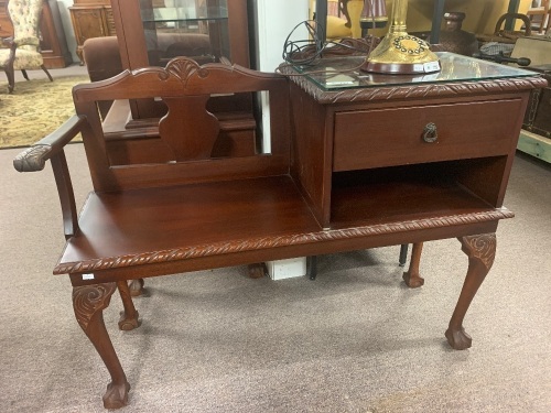 Vintage Carved Telephone Table with Glass Cover