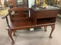 Vintage Carved Telephone Table with Glass Cover