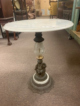 Marble Table Top on Ornate Pressed Tin Cherub, Glass and Marble Stand