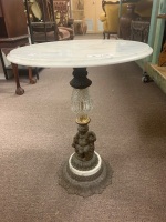 Marble Table Top on Ornate Pressed Tin Cherub, Glass and Marble Stand