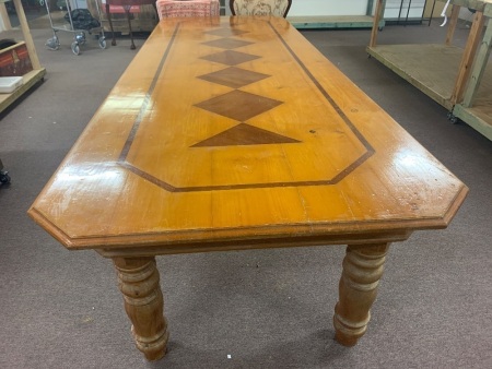 Very Large Pine Table with Diamond Pattern Wooden Inlays on 6 Turned Legs