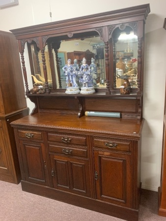 Large Vintage 4 Drawer Buffet with Bevelled Edge Mirror Backed Display