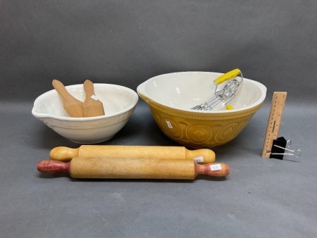 Asstd Lot on Kitchenware inc. 2 Mix Bowls, Butter Pats, 2 Rolling Pins & Whisk