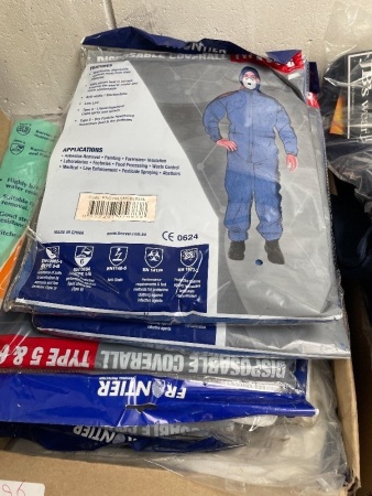 Box lot of disposable coveralls various styles