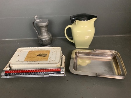 Vintage fowlerware ceramic kettle, Peuter Jug, Westa retro kitchen scales, serving tray