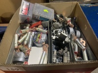 Variety box of fuses, nails, screws, brackets etc.