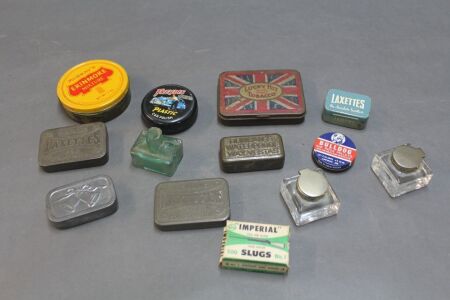 Asstd Lot of Vintage Tins & Glass Ink Bottles