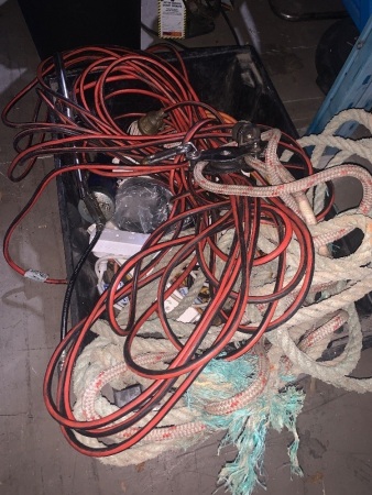 Assorted lot of rope, extension leads, power boards, grease gun etc.