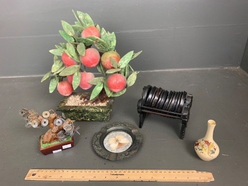 Small satsuma vase, 1940s  butterfly ashtray (Japan), wooden drink coasters in rack, lucky Chinese money tree,  plum bonsai tree.