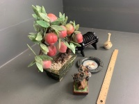 Small satsuma vase, 1940s  butterfly ashtray (Japan), wooden drink coasters in rack, lucky Chinese money tree,  plum bonsai tree. - 2